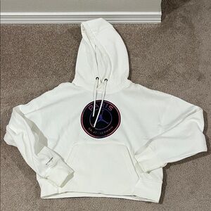 Jordan White Paris Saint-Germain Pullover Hoodie with Black and Purple Logo